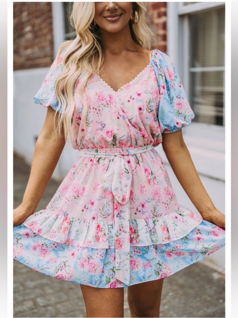 Floral Pink & Blue Maxi Dress with Puff Sleeves